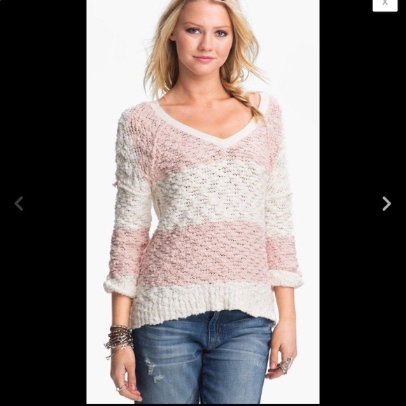 Free People Songbird White/White Stripe Boucle Knit Sweater - Picture 4 of 11